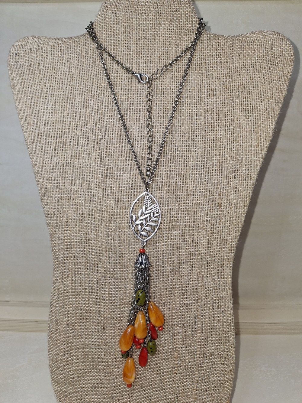 Silver Leaf Tassel Necklace with Amber, Red & Olive Beads